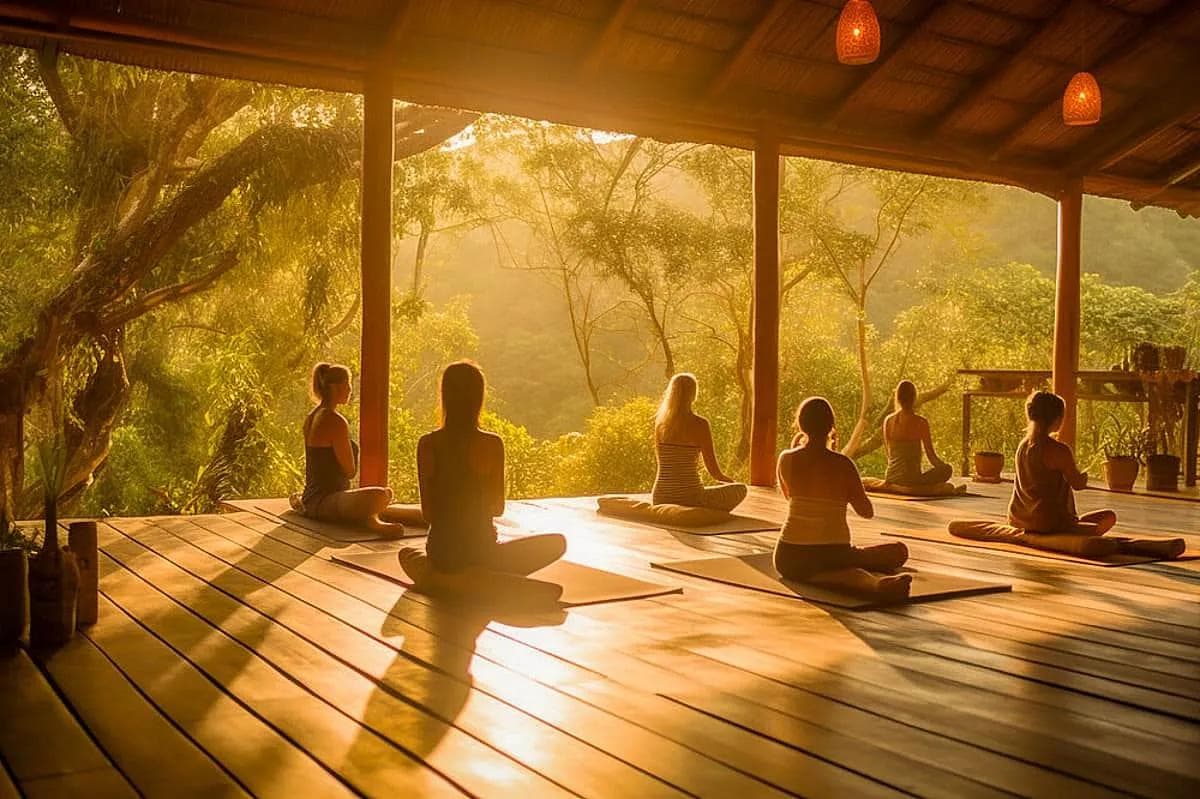 Goldenes Licht in einem offenen Pavillon, Retreat-Gäste üben Yoga über dem Dschungel